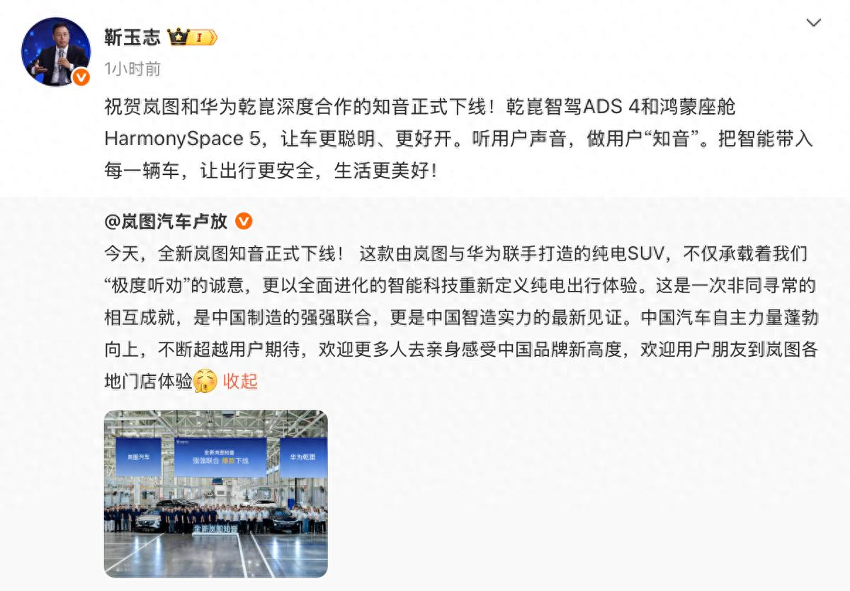 華為靳玉志力挺！全新嵐圖知音重塑25萬級純電SUV標桿